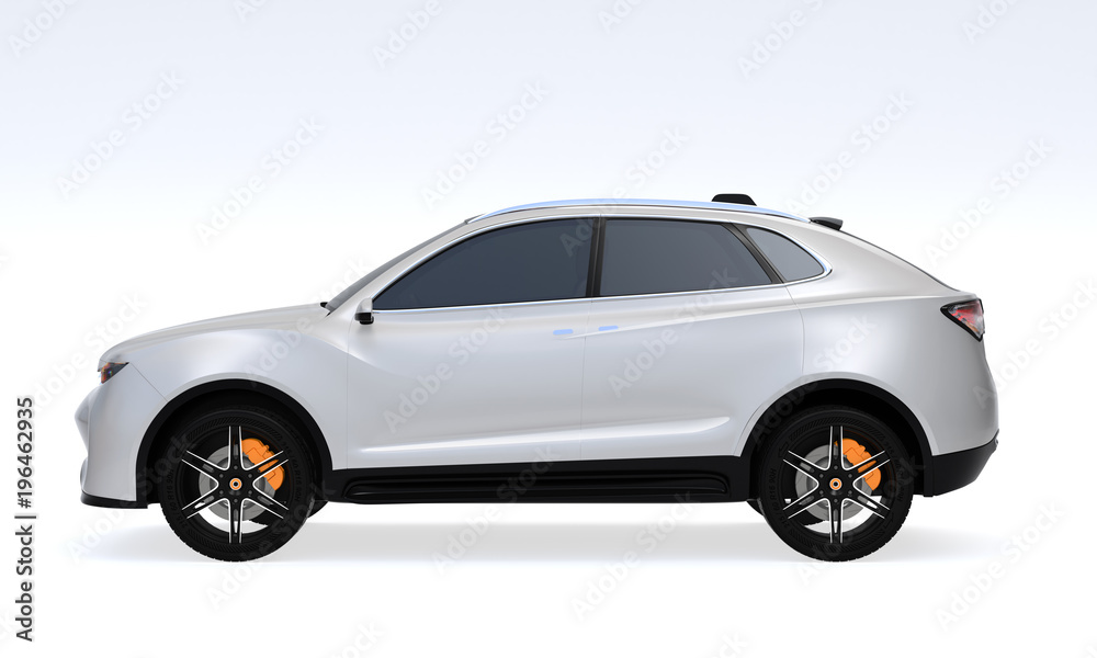 Side view of white Electric SUV concept car isolated on light gray background. 3D rendering image. 