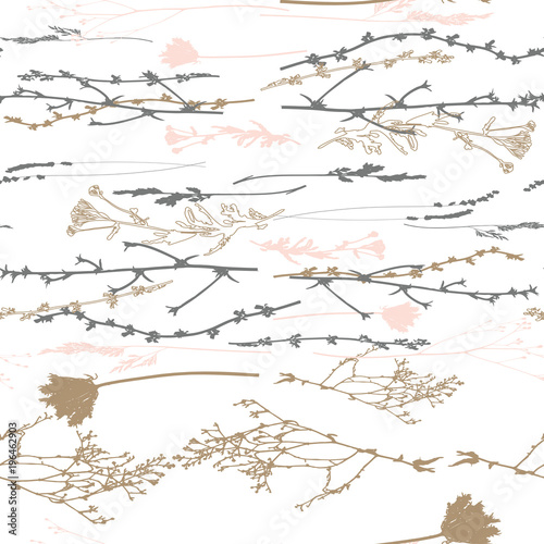 Meadow grasses, herbs and flowers outlines vector seamless pattern.