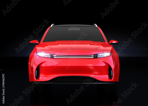 Front view of metallic red Electric SUV concept car isolated on black background. 3D rendering image. 