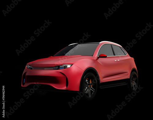 Metallic red matte color Electric SUV concept car isolated on black background. 3D rendering image. Original design.