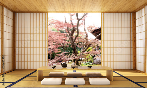 Intérieur japonais. Décoration japonaise moderne : illustration de stock  668113153