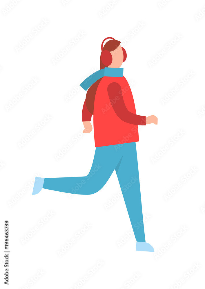 Woman in Earphones Running in Warm Winter Cloth