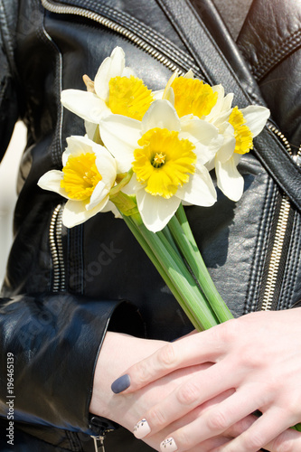 Bouquet of daffodils in female hands, manicure. Close-up