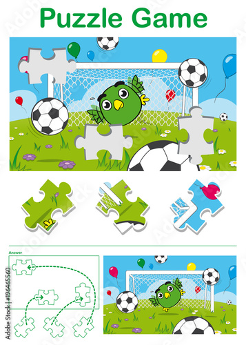 Kids puzzle with a cute bird soccer goalkeeper