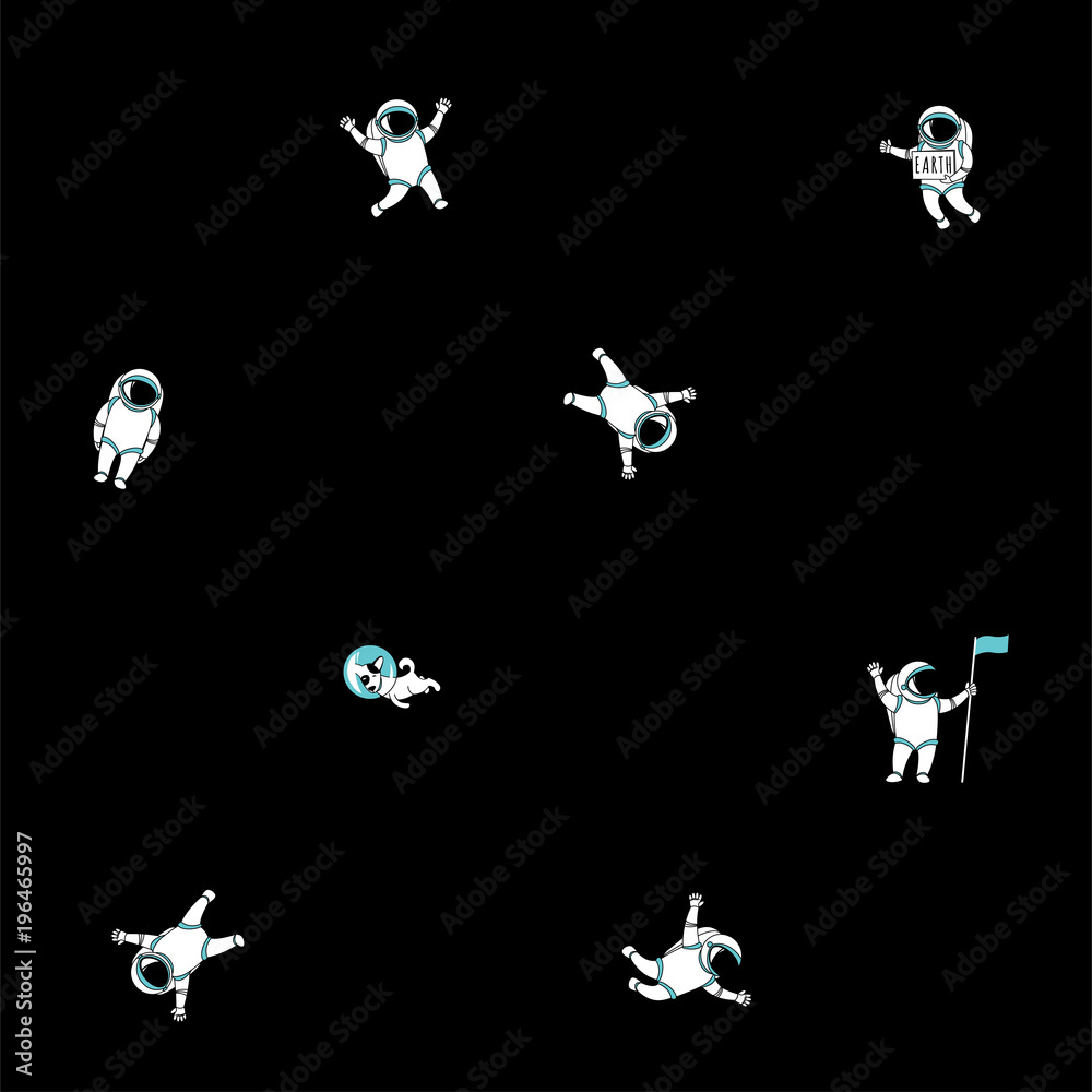 Cute funny cosmonaut astronaut spaceman characters exploring outer space with dog seamless abstract background cartoon pattern for wallpaper, textile, prints. Flat line design. Vector illustration.