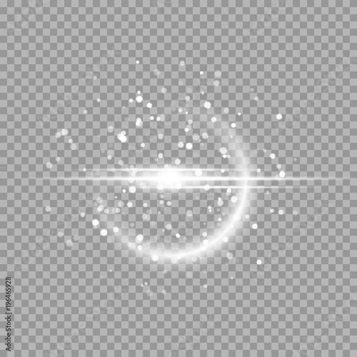 Tablou pe pânză Brilliant light effect with silvery rays and bright particles on a transparent b