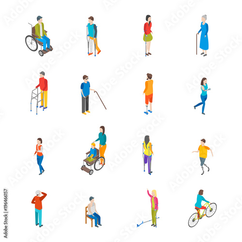 Isometric Disabled People Characters Icon Set. Vector