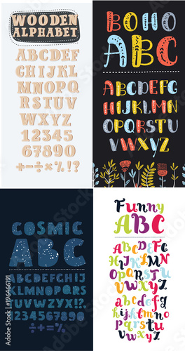 Vector set of colorful four difference english Alphabets. Cute English alphabet, vintage, funny hand written font and capital ABC. 