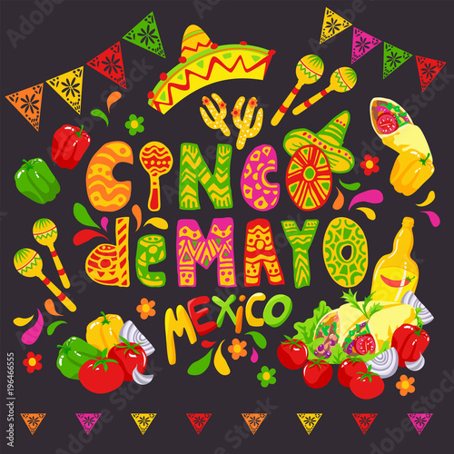 Mexican Food Sketch, Cinco de Mayo Celebration Banner, Festive Illustration or Flyer. Inscription Mexico with Maraca, Sombrero or Mexican Hat. Mexican Food Like Tomato, Pepper and Burrito.