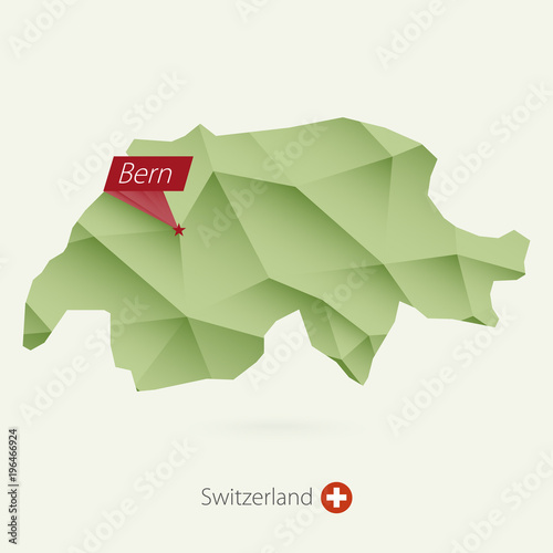 Green gradient low poly map of Switzerland with capital Bern