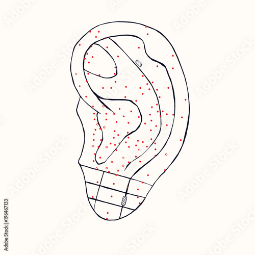 Ear acupuncture scheme with red points, hand drawn doodle, sketch in pop art style, black and white medical vector illustration
