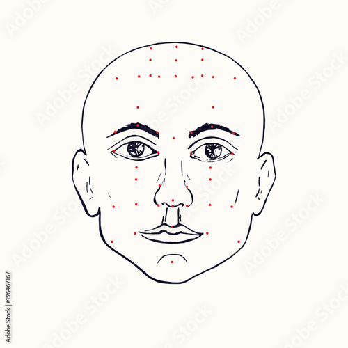 Face (profile) acupuncture scheme with red points, hand drawn doodle, sketch in pop art style, black and white medical vector illustration