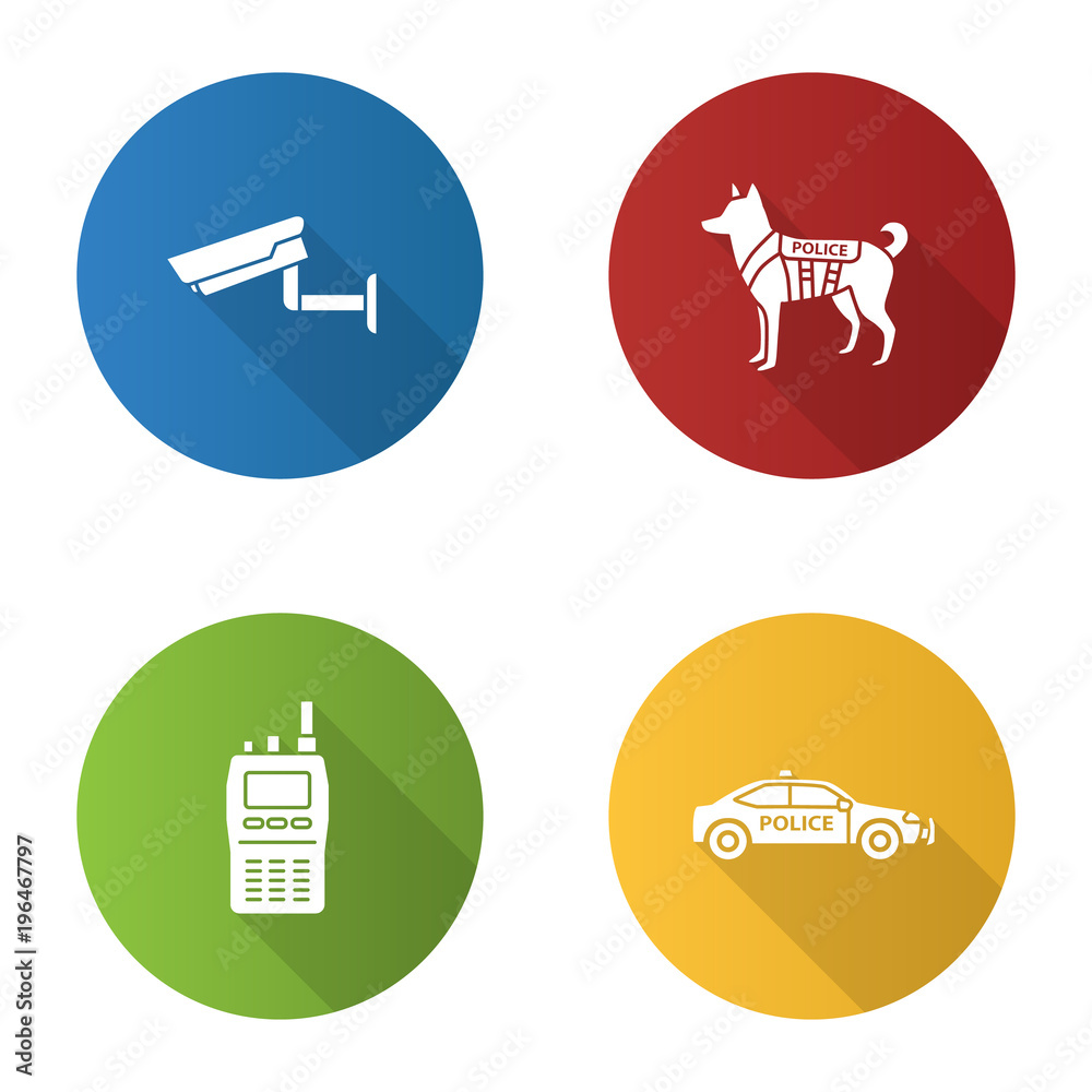 Police flat design long shadow glyph icons set Police flat design long shadow glyph icons set