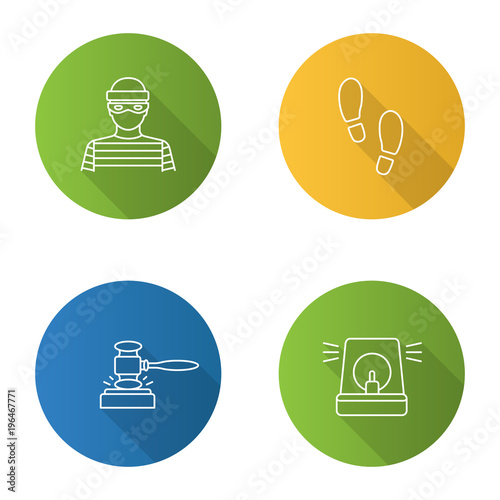 Police flat linear long shadow icons set