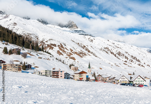 View of Realp in winter, is a Small Village close to the larger ski area of Andermatt in canton Uri, Switzerland