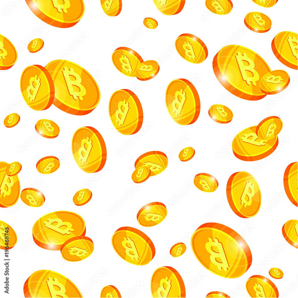 Repeat pattern with many bitcoins, print background with gold money, vector illustration isolated on white background Repeat pattern with many bitcoins, print background with gold money, vector illustration isolated on white background