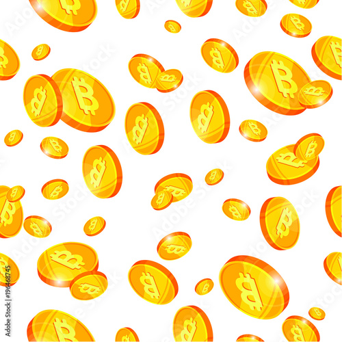 Repeat pattern with many bitcoins, print background with gold money, vector illustration isolated on white background