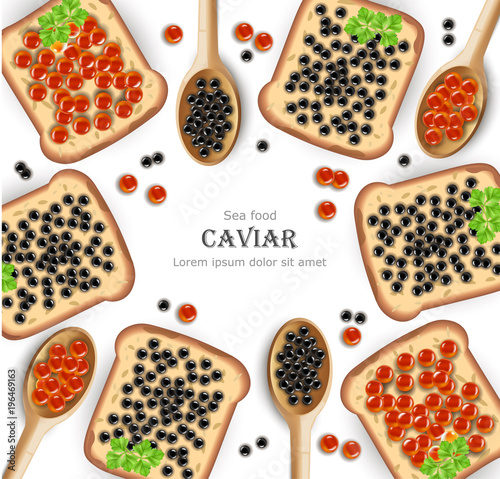 Caviar Vector realistic background. Red and black caviar toasts. Top view 3d detailed illustrations