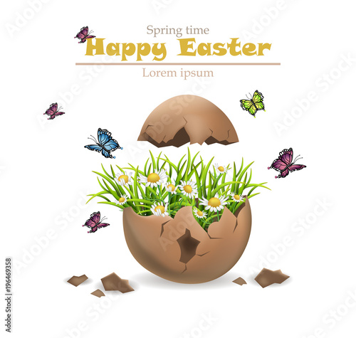 Happy Easter card Vector. Cracked egg and flowers