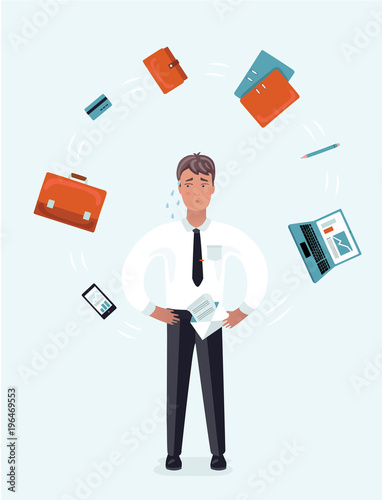  Man juggler with office supplies, stuff and equipment