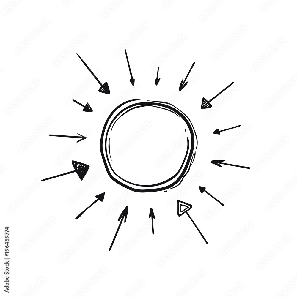 Line art hand drawn marked place with circle and arrows, vector black and white illustration isolated on white background Line art hand drawn marked place with circle and arrows, vector black and white illustration isolated on white background