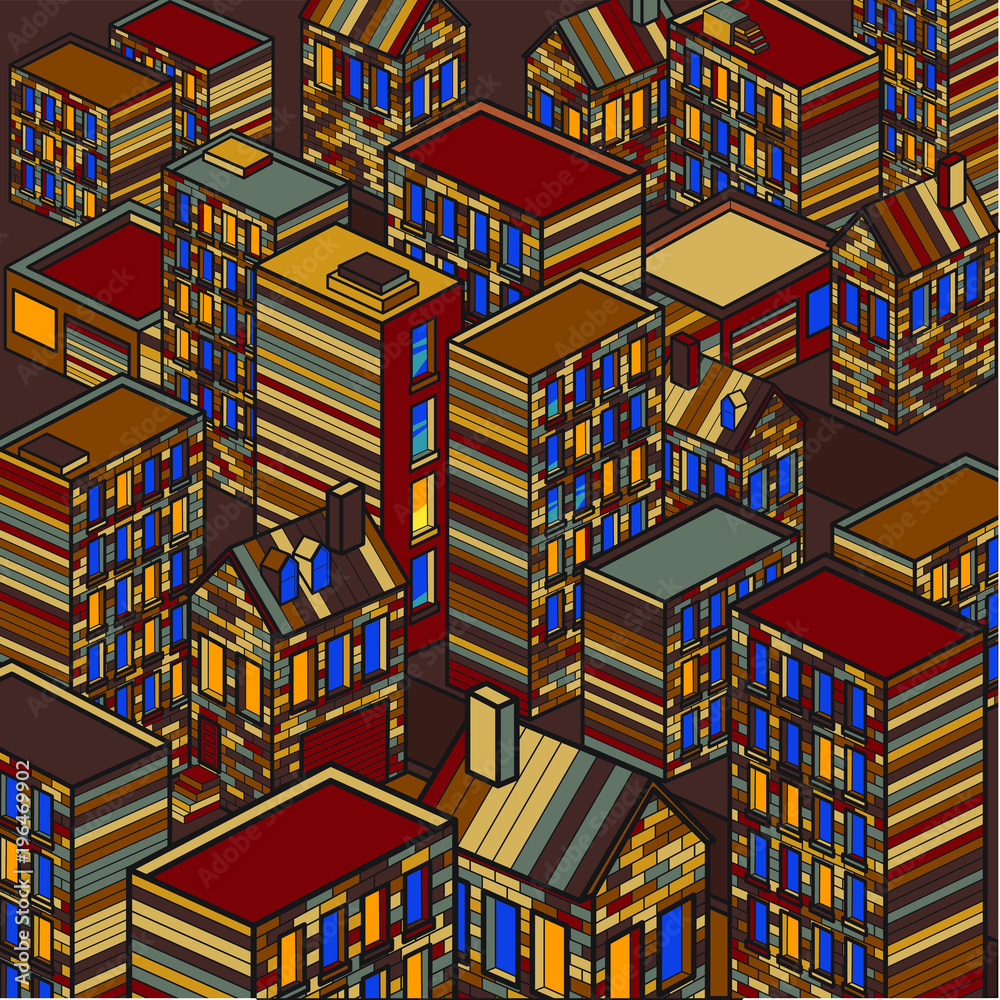Isometric city in not real color, vector cartoon isometric line art illustration, buildings, houses and streets