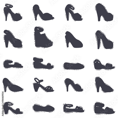 Set of womens shoes black silhouette vector hand drawn style of leather colored moccasins heel shoe illustration.