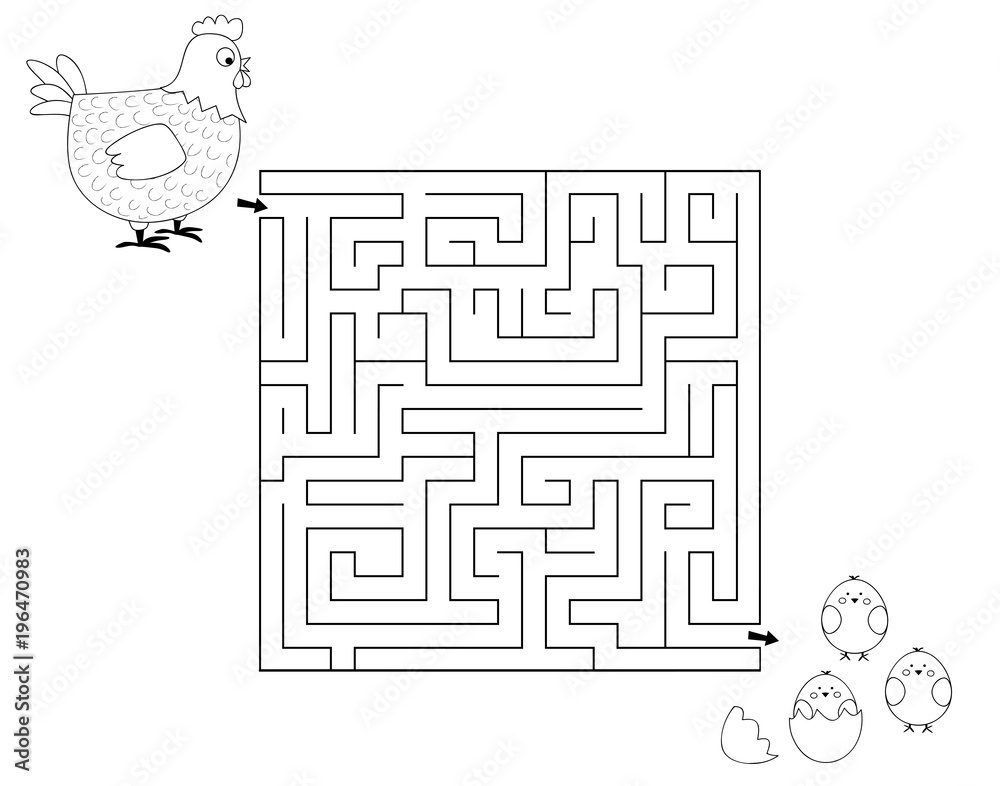 black and white maze game with hen and chicks / vector illustration for children