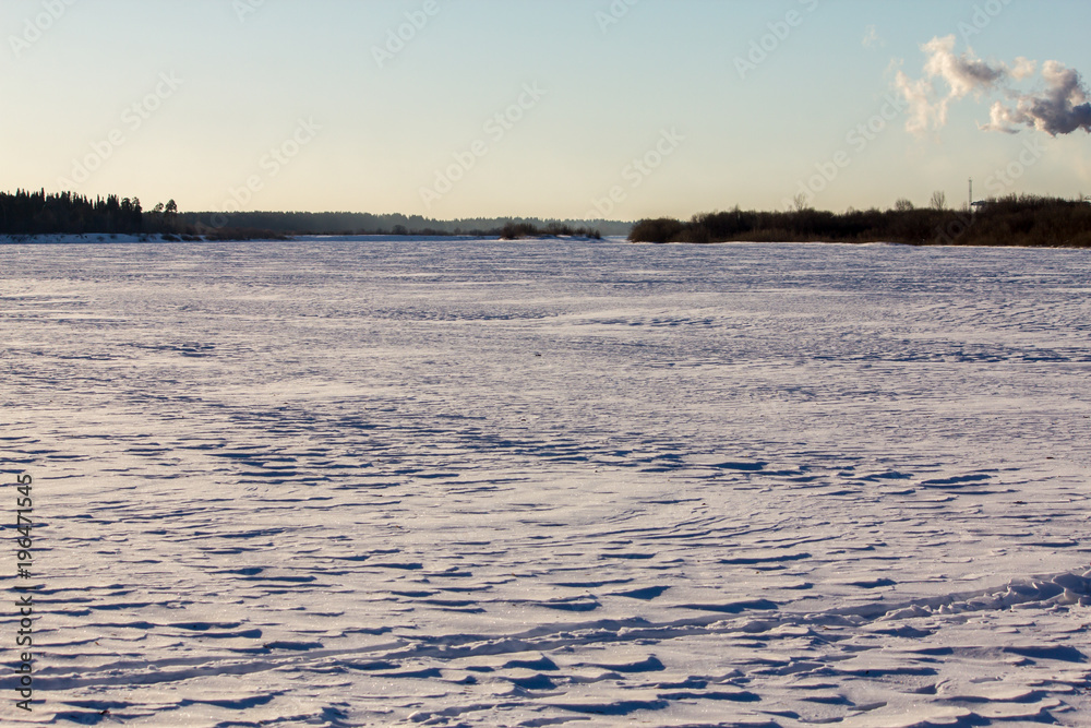 frozen river on a frosty spring morning