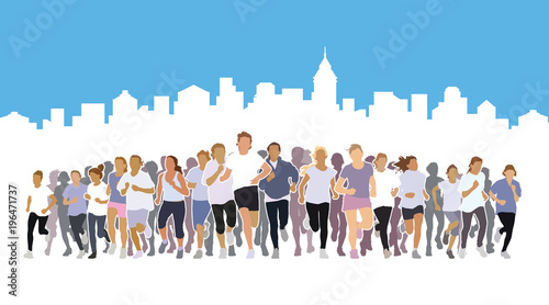 Running people. Front view of the crowd of young people running in the city marathon. 