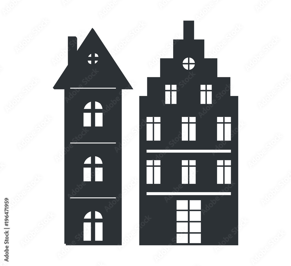 Set Multi Storey Houses Black Silhouettes Isolated