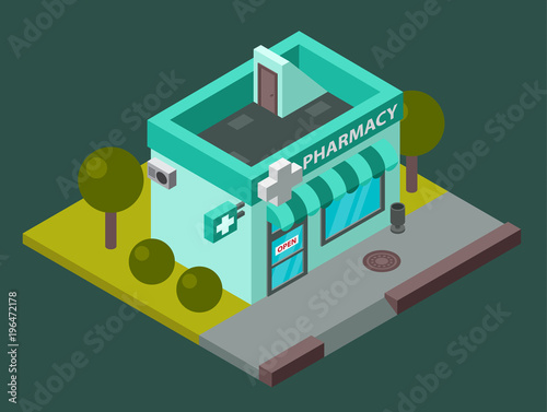 Vector pharmacy isometric building isolated city medical shop kiosk pharmacy isometric building design. Urban business construction design kiosk with parking zone isolated