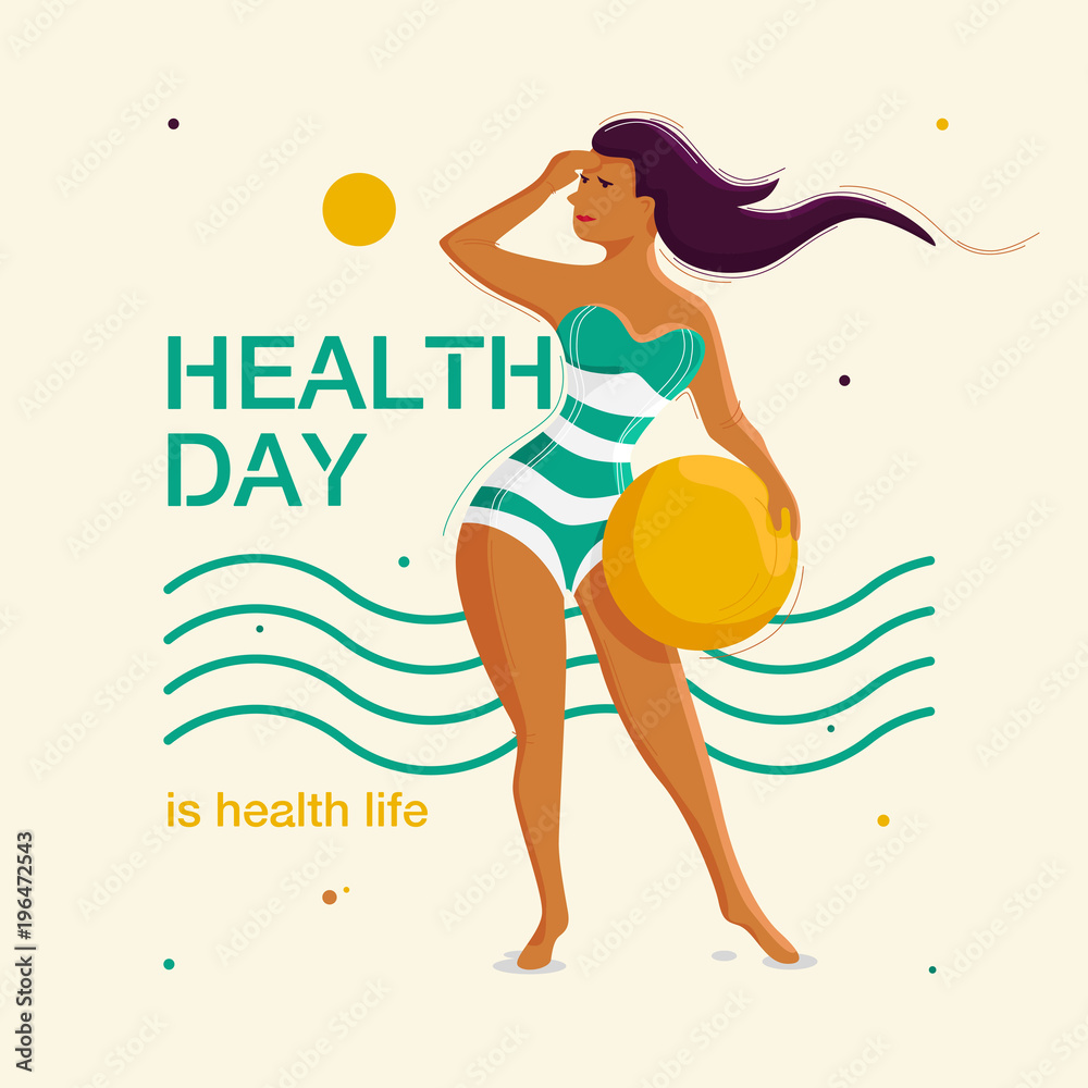 Girl in merged swimsuit with a ball in her hands on the background of waves and the sun. Health day.