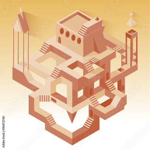 Abstract construction with secrets, labyrinth with secrets, sand desert, vector flat beautiful illustration isolated on white background, abstract tower or castle