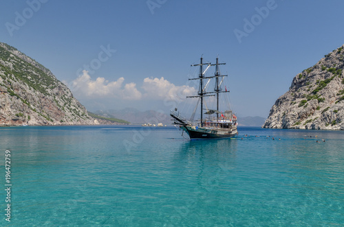 traditional Turkish ship (Gulet) in Porto Ceneviz bay on Mediterranean coast Antalya province, Turkey © ssmalomuzh