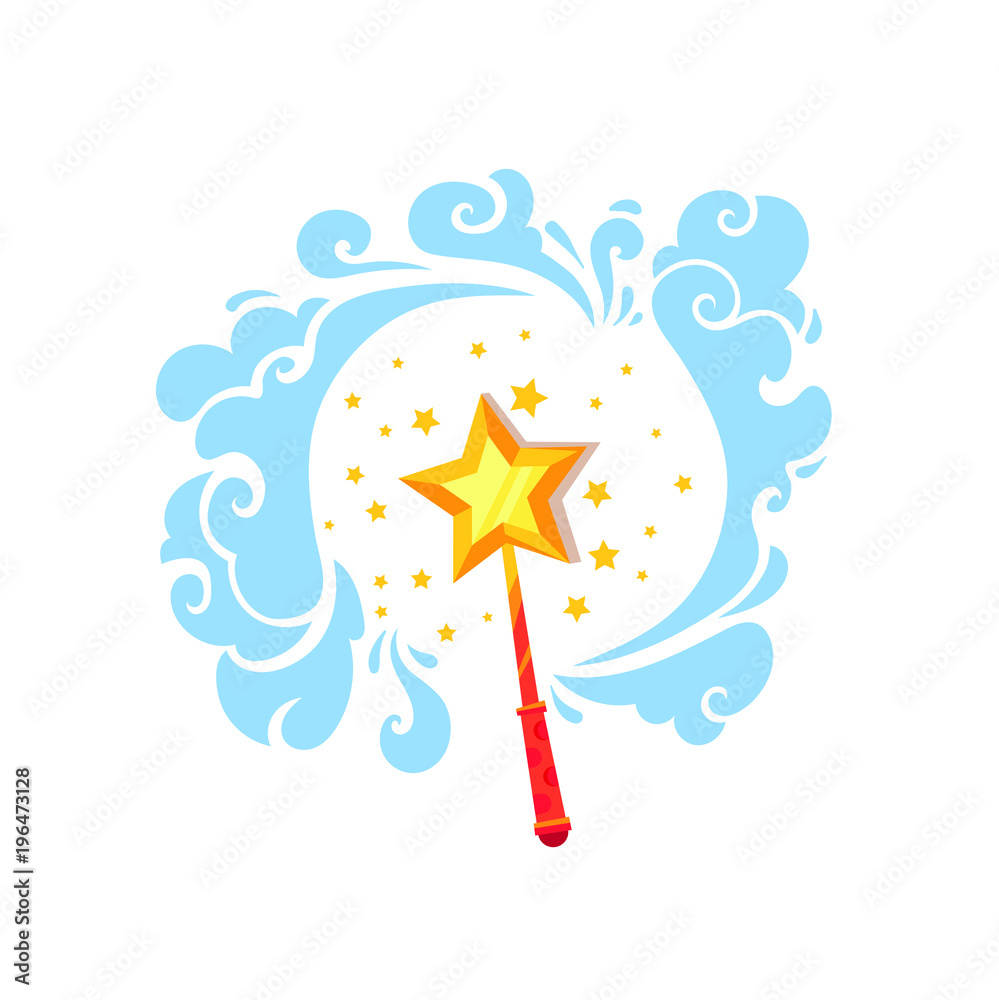 Fairy magic wand or stick with stars, clouds around, vector flat