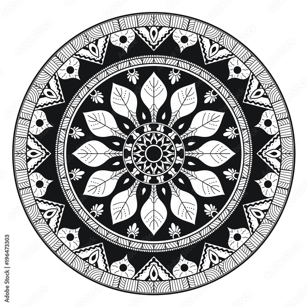 Round black and white floral mandala for coloring book 
