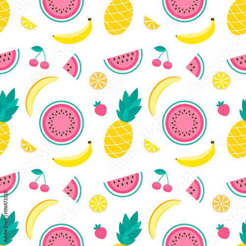 Pattern with pineapple, lemon, melon, watermelon, strawberry, cherry and banana