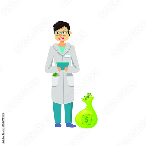 Doctor man with many money, expensive medicine, vector flat cartoon illustration isolated on white background