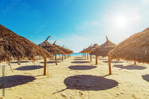 Straw umbrellas on the beach on a sunny day.