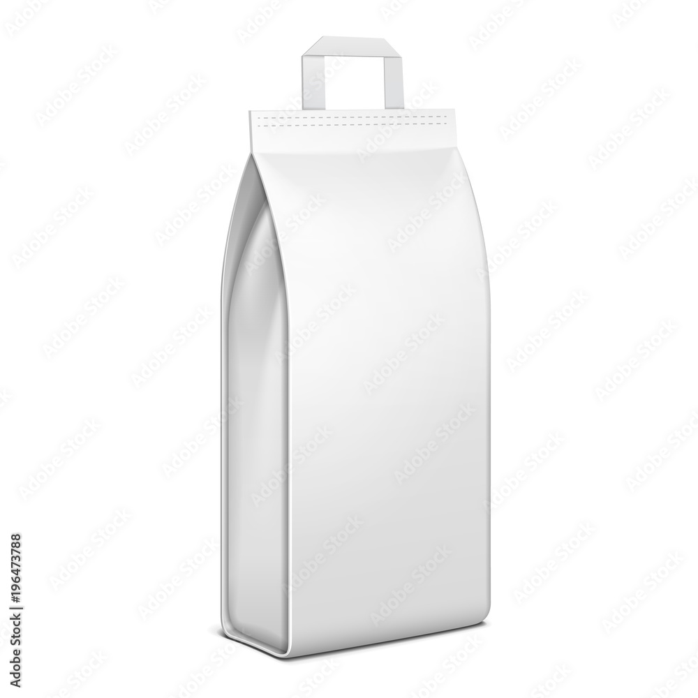 Blank Stand Up Pouch Snack Sachet Bag With Handle. Mock Up, Template. Illustration Isolated On White Background. Ready For Your Design. Product Packaging. Vector EPS10 Blank Stand Up Pouch Snack Sachet Bag With Handle. Mock Up, Template. Illustration Isolated On White Background. Ready For Your Design. Product Packaging. Vector EPS10