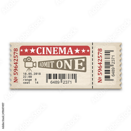 Retro stylized cinema ticket. Admission ticket isolated on white background. Vector illustaration