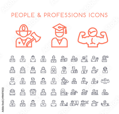 Set of 50 Minimal Thin Line People and Professions Icons on White Background . Isolated Vector Elements