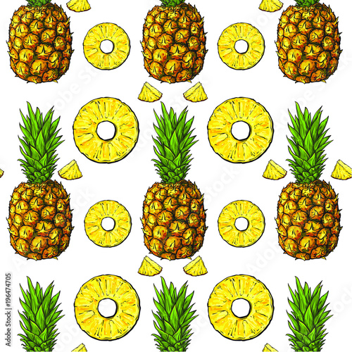 Seamless pattern with pineapples and slices, hand drawn sketch, vector illustration isolated on white background