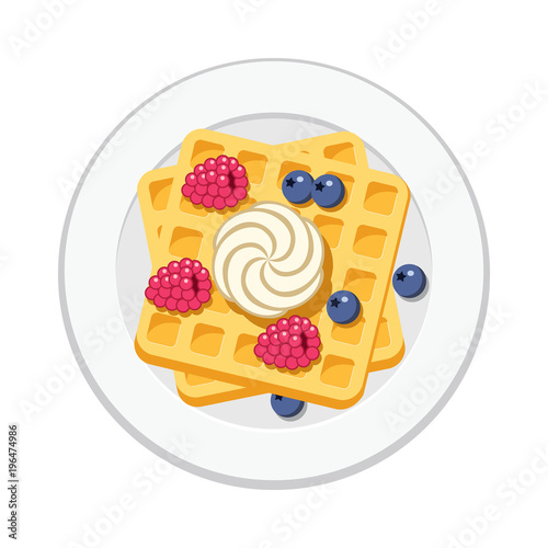 vector belgian waffles with ice cream and  berries