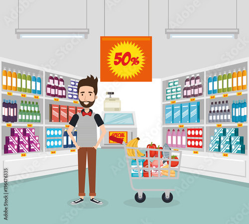 consumer with shopping cart of groceries