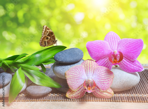 Zen pebbles with bamboo leaves and orchid flowers on table. Spa and healthcare concept.