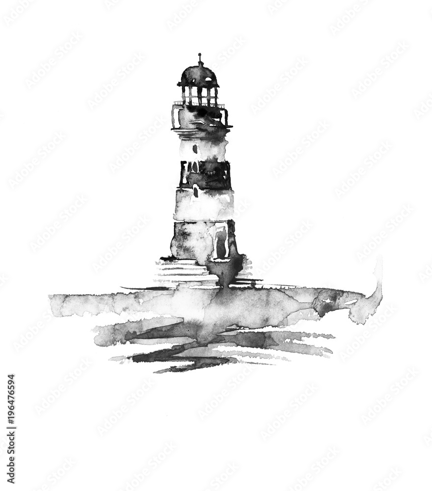 Naklejka premium Watercolor illustration of lighthouse. Black and white picture, monochrome, black silhouette. sea landscape. Art illustration, greeting card. Beautiful tower.