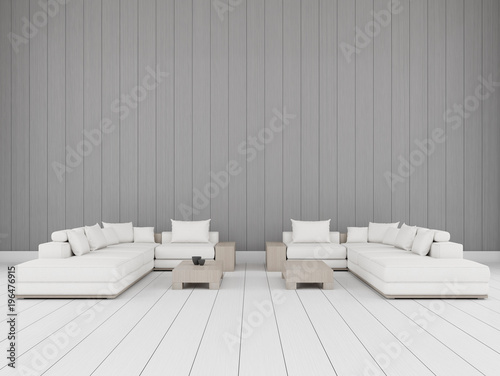 3D rendering scene of minimal room style with white modern sofa on white plank wood floor and light grey wall.