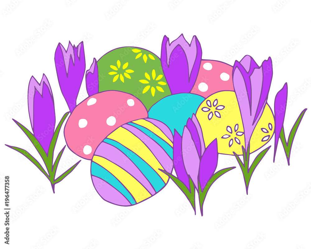 vector composition crocuses and eggs on white background. isolated eps 10